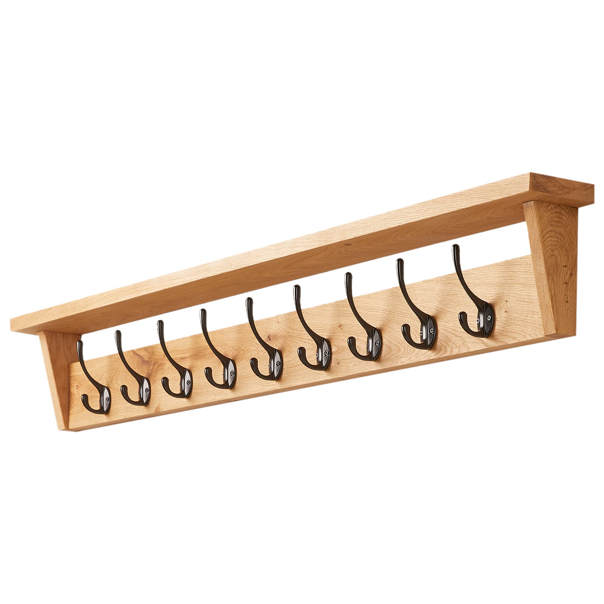 Solid Oak Coat Rack (7 Hooks) | Wall Mounted Coat Hooks with Shelf for Display/Storage | Wooden Stylish & Versatile Hallway Decor | Heavy Duty Double Hooks | Handcrafted in The UK