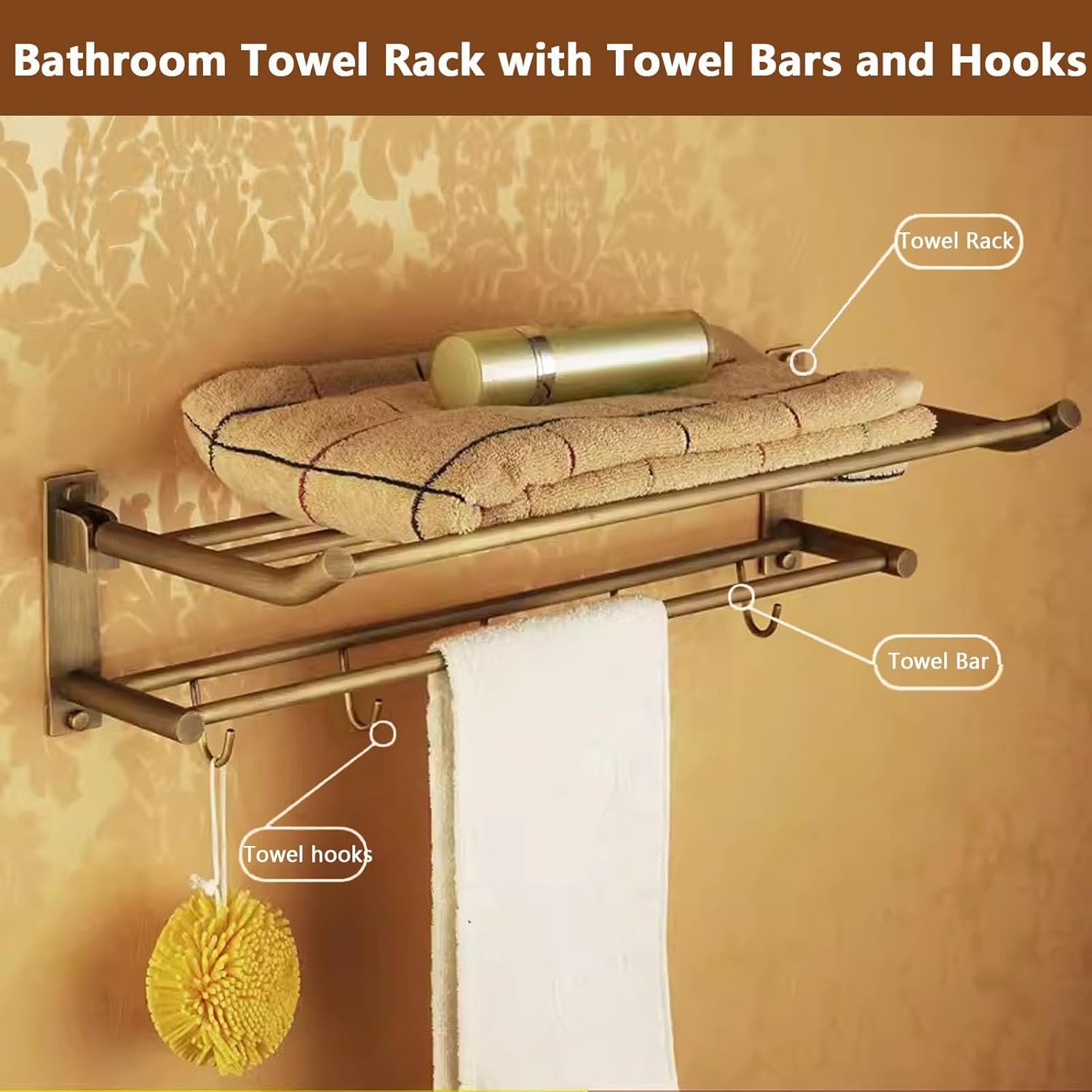 Brass Bathroom Towel Rack - Wall Mounted, Foldable Towel Shelf with Hooks and Bar, Brushed Bronze Finish