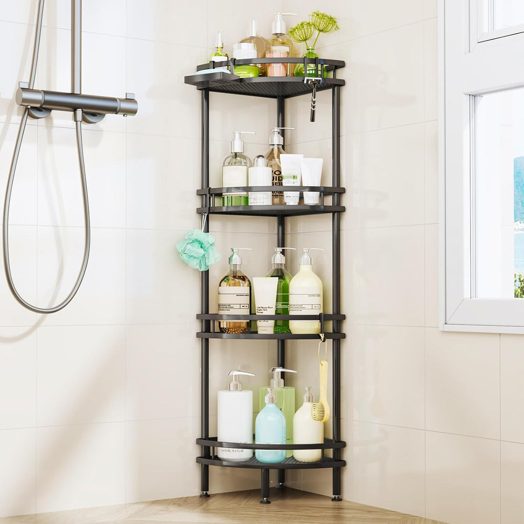 HapiRm Freestanding Shower Caddy Corner- 4-Tier Rustproof Shower Corner Shelves with Soap Tray and 4 Hooks, Space-Saving Bathroom Caddy for Bathroom Organiser with 4 Adjustable Feet and Hook