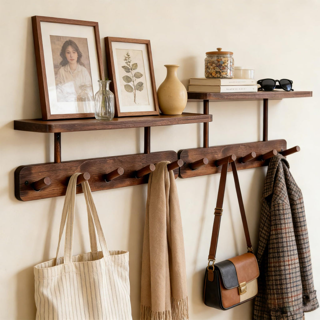 LEMIKKLE Wooden Coat Hooks Wall Mounted, Can be Installed Without Drilling or with Drilling, 5 Wooden Hooks Storage Rack Holds Clothes, Hats, Keys Towels, Bags, for Entryway, Bedroom, Living Room
