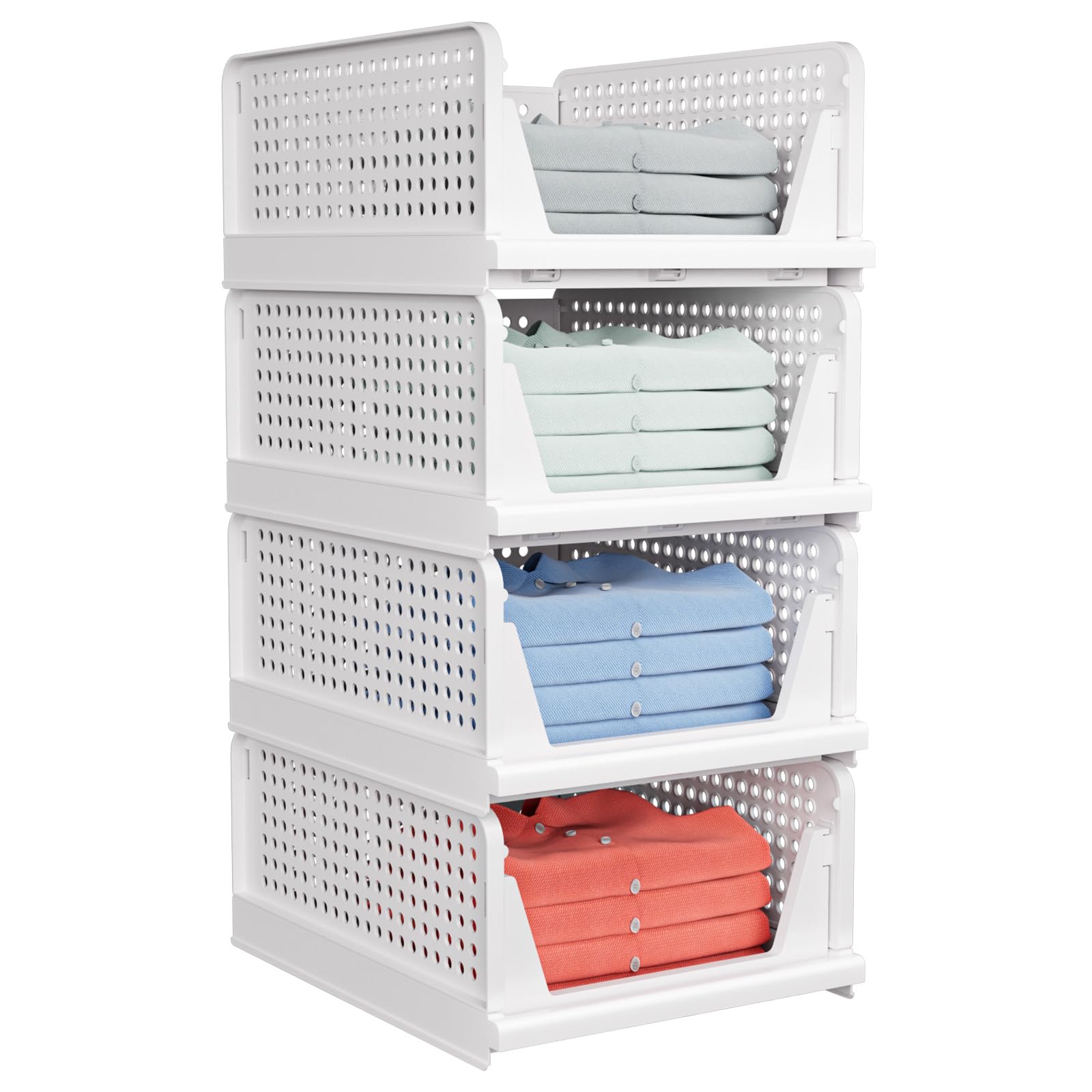 5 Pack Stackable Closet Storage Basket - Stackable Storage Bins, Multifunctional & Foldable Closet Organizer Waterproof, Wardrobe Cupboard Space-Saving Hat Storage Drawer Organizer, White