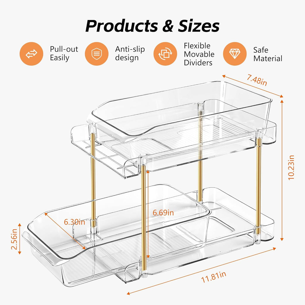 LAREKUN4pack 2-Tier Organizer & Storage Unit Stackable Bathroom Cabinet Organizer Pull-Out Kitchen Pantry Organizer & Storage System Suitable for Countertops, Pantries, Kitchens, Bathrooms