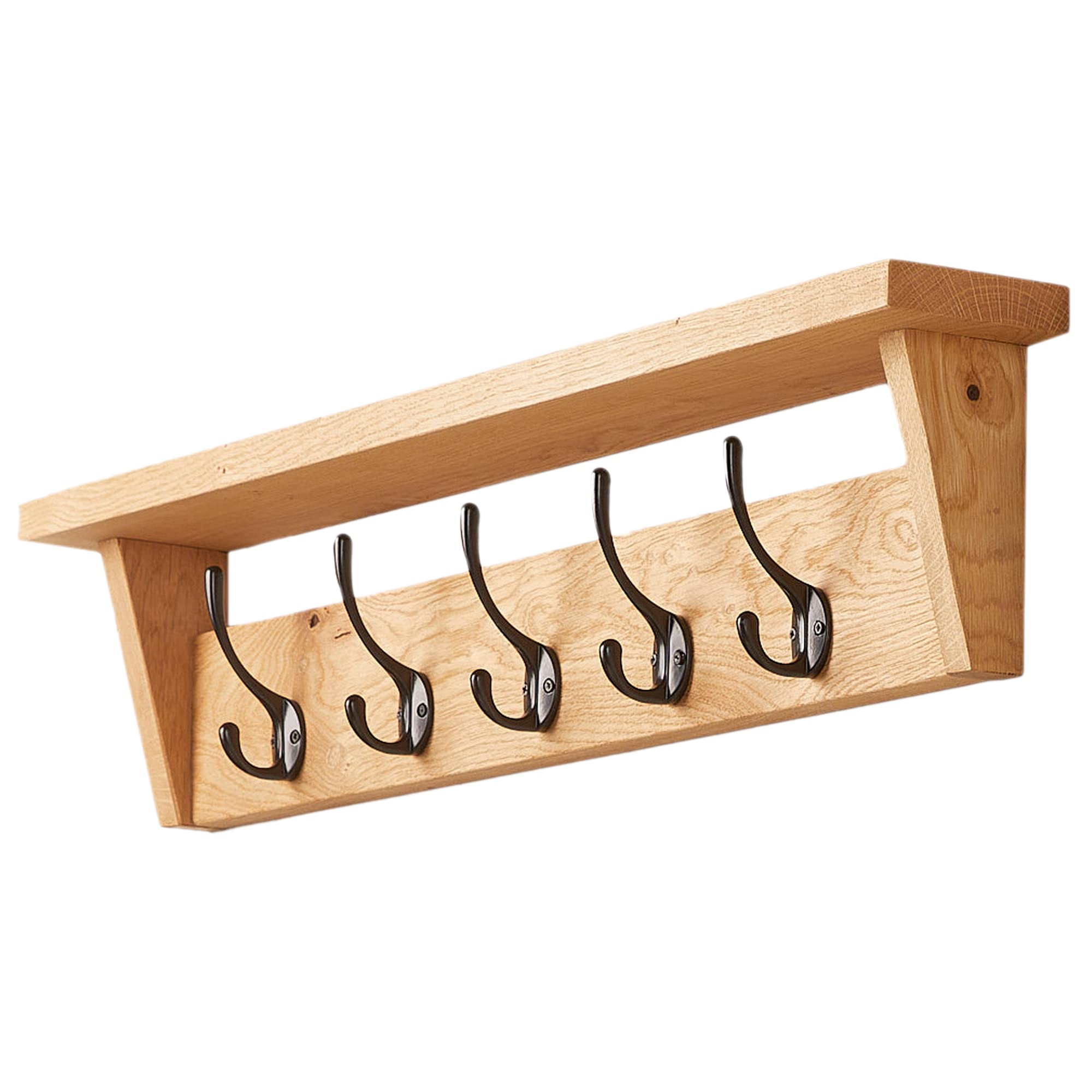 Solid Oak Coat Rack (7 Hooks) | Wall Mounted Coat Hooks with Shelf for Display/Storage | Wooden Stylish & Versatile Hallway Decor | Heavy Duty Double Hooks | Handcrafted in The UK