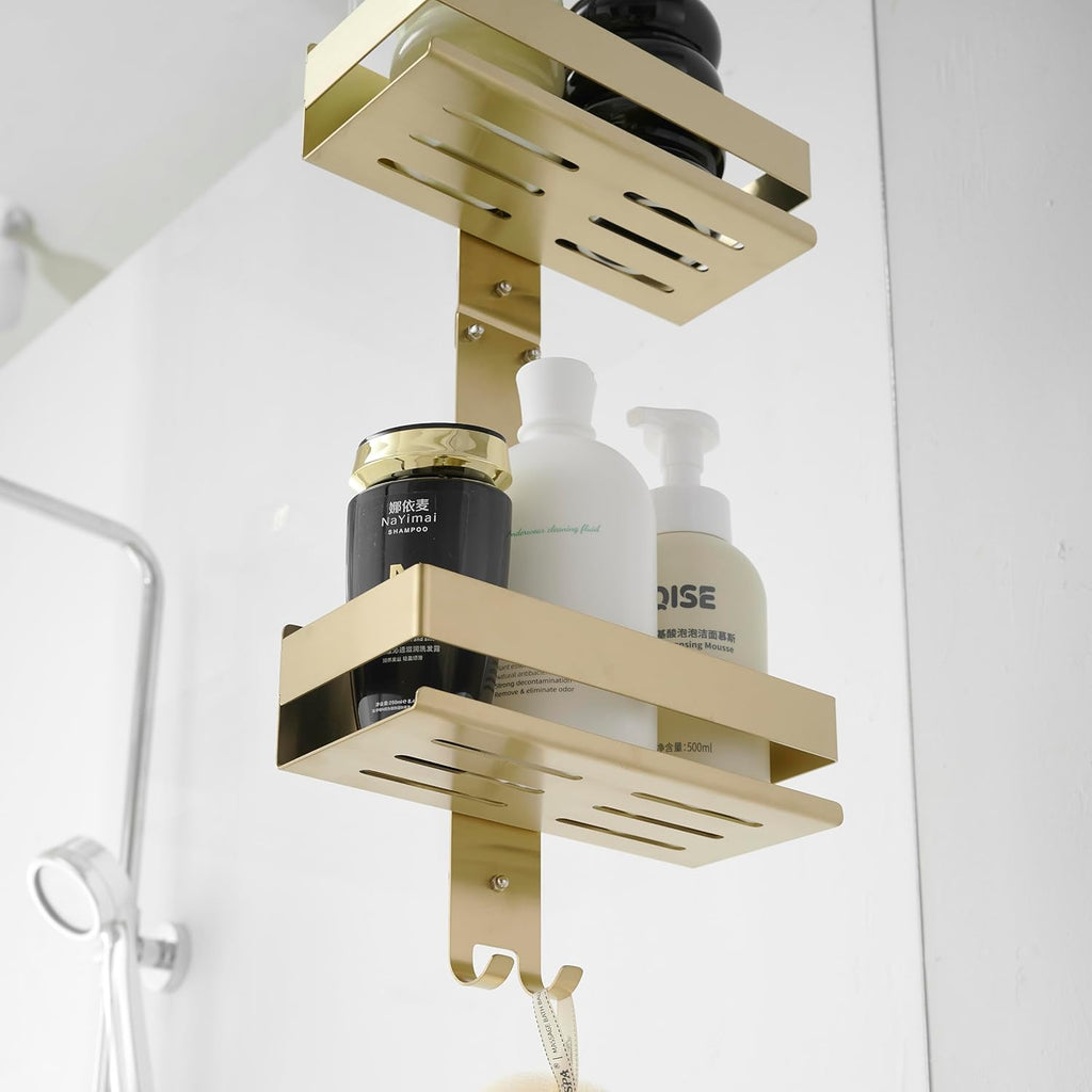 Gold Over Door Shower Caddy, 2-Tier Hanging Organizer with Hooks for Bathroom