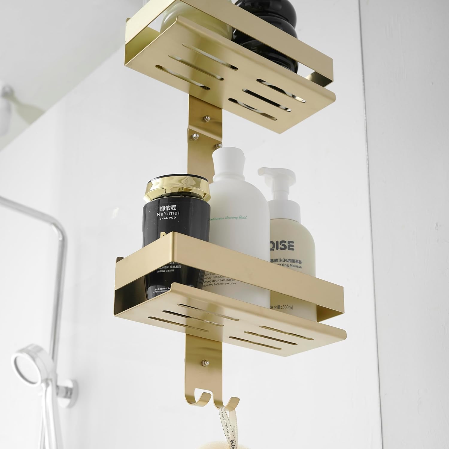 Gold Over Door Shower Caddy, 2-Tier Hanging Organizer with Hooks for Bathroom