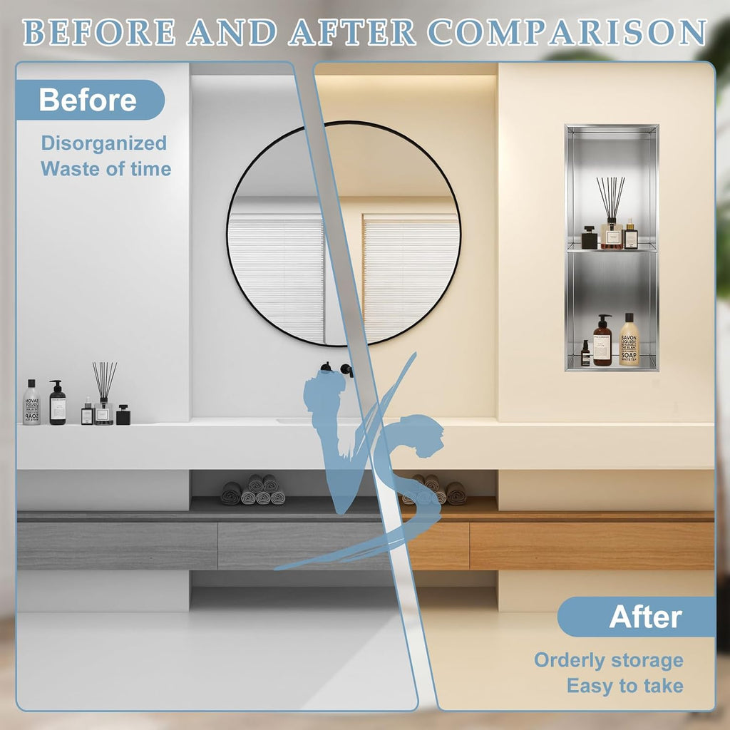 Stainless Steel Shower Niche, 70x26x10cm Recessed Wall Niche No Tile Needed Double Layer Wall Storage Shelf Organizer for Bathroom Kitchen Living Room