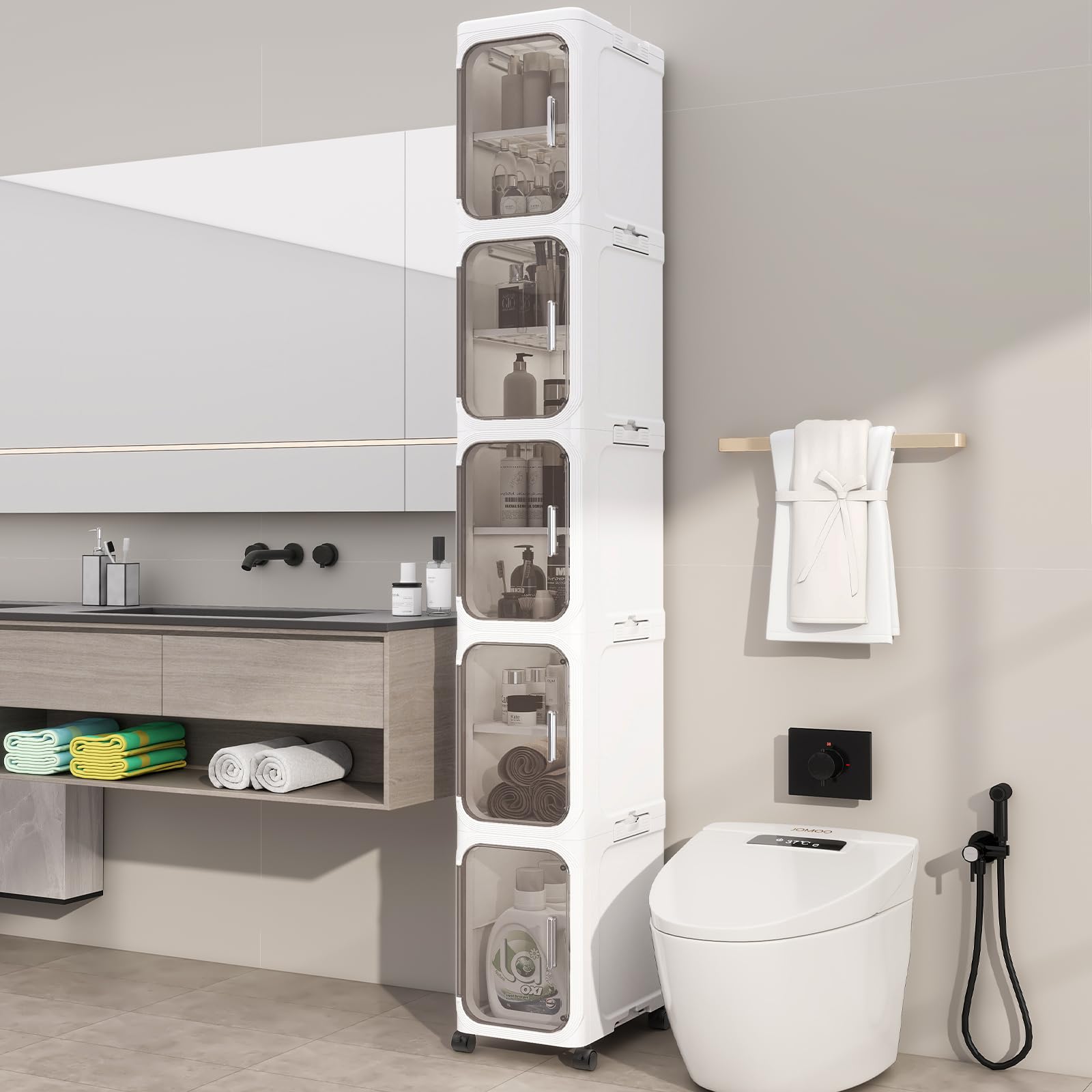 4-Tiers Slim Bathroom Storage Cabinet, Foldable Storage Cabinets,Narrow Bathroom Storage,Movable Bathroom Storage Organizer for Small Spaces,Bathroom,Kitchen,Laundry,White