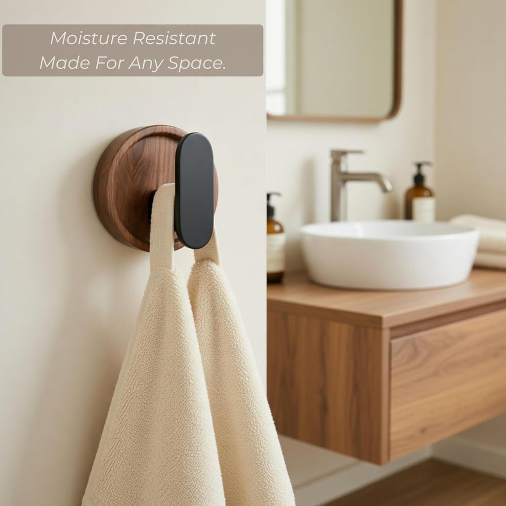 Jugen Coat Hooks – Solid Black Walnut Self Adhesive Wooden Hooks, No Drill Stick On Hooks for Coats, Clothes, Bags & Towels – Set of 4