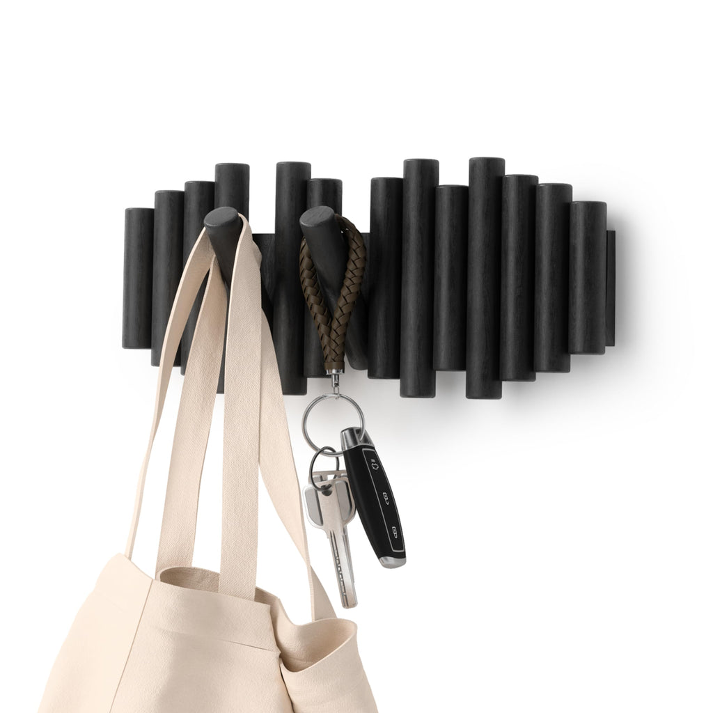 Umbra Picket Coat Rack Wall Mount – 5 Flip-Down Wood Coat Hooks, Modern & Functional Storage, Easy Install Wall Hooks, Natural