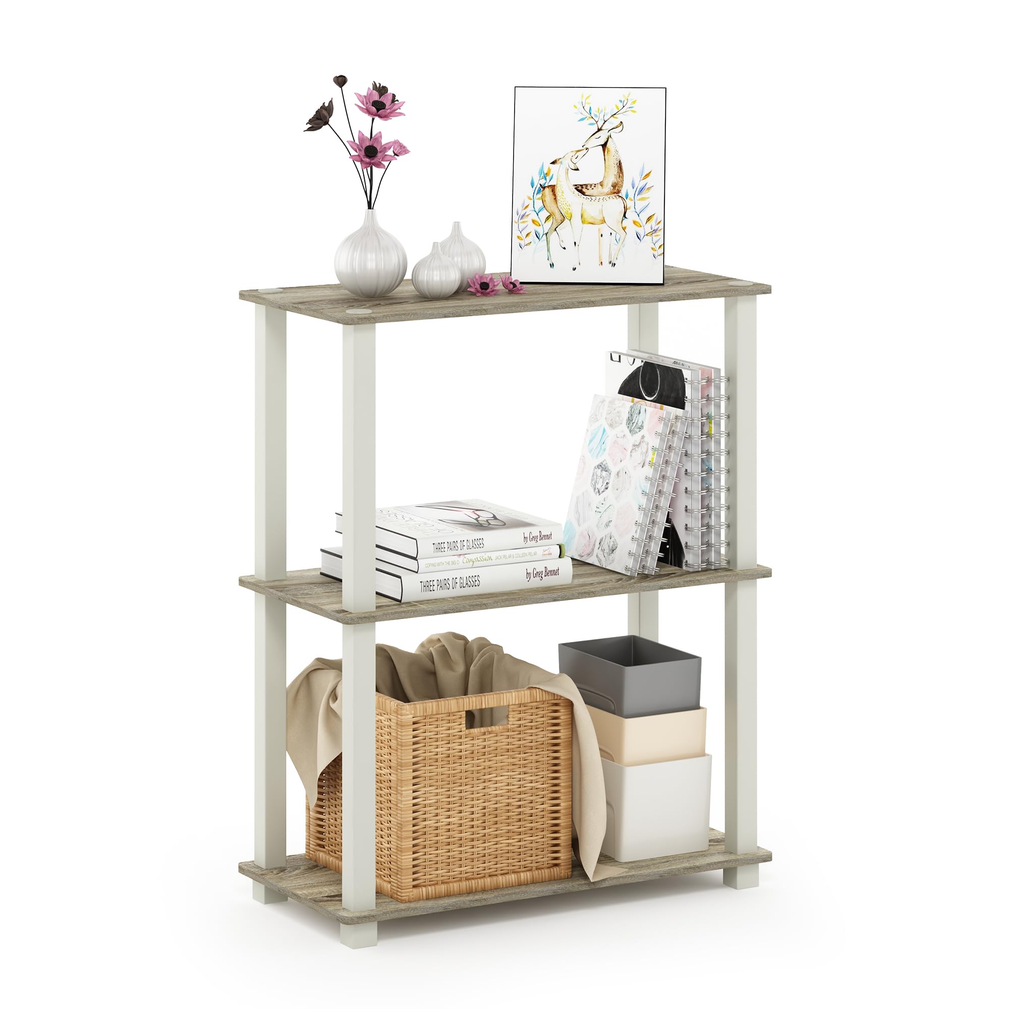 Furinno TURN-N-TUBE Storage Shelves, 3-Tier Book Shelf, Corner Shelf, Toolless Open Shelves, for Organization and Storage, Living Room, Garage, Home Office, Beech