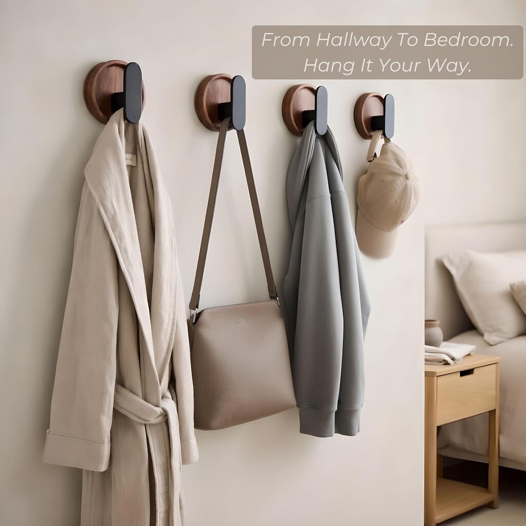 Jugen Coat Hooks – Solid Black Walnut Self Adhesive Wooden Hooks, No Drill Stick On Hooks for Coats, Clothes, Bags & Towels – Set of 4