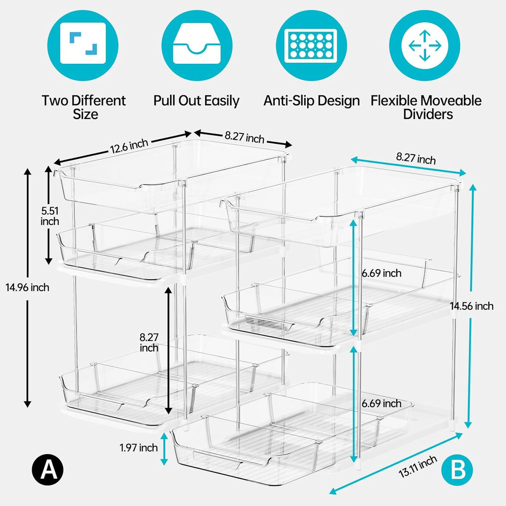 2 Pack 3-Tier Under Sink Organizer, Clear Pull Out Storage with Movable Dividers for Bathroom & Kitchen