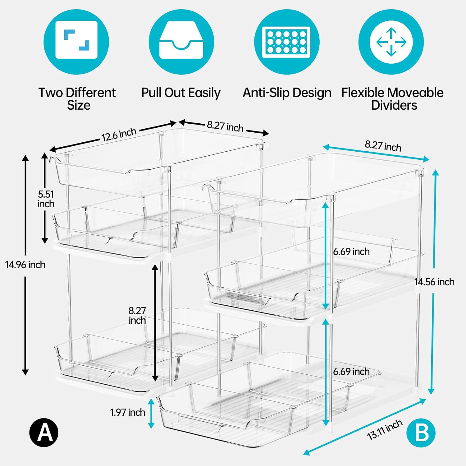 2 Pack 3-Tier Under Sink Organizer, Clear Pull Out Storage with Movable Dividers for Bathroom & Kitchen