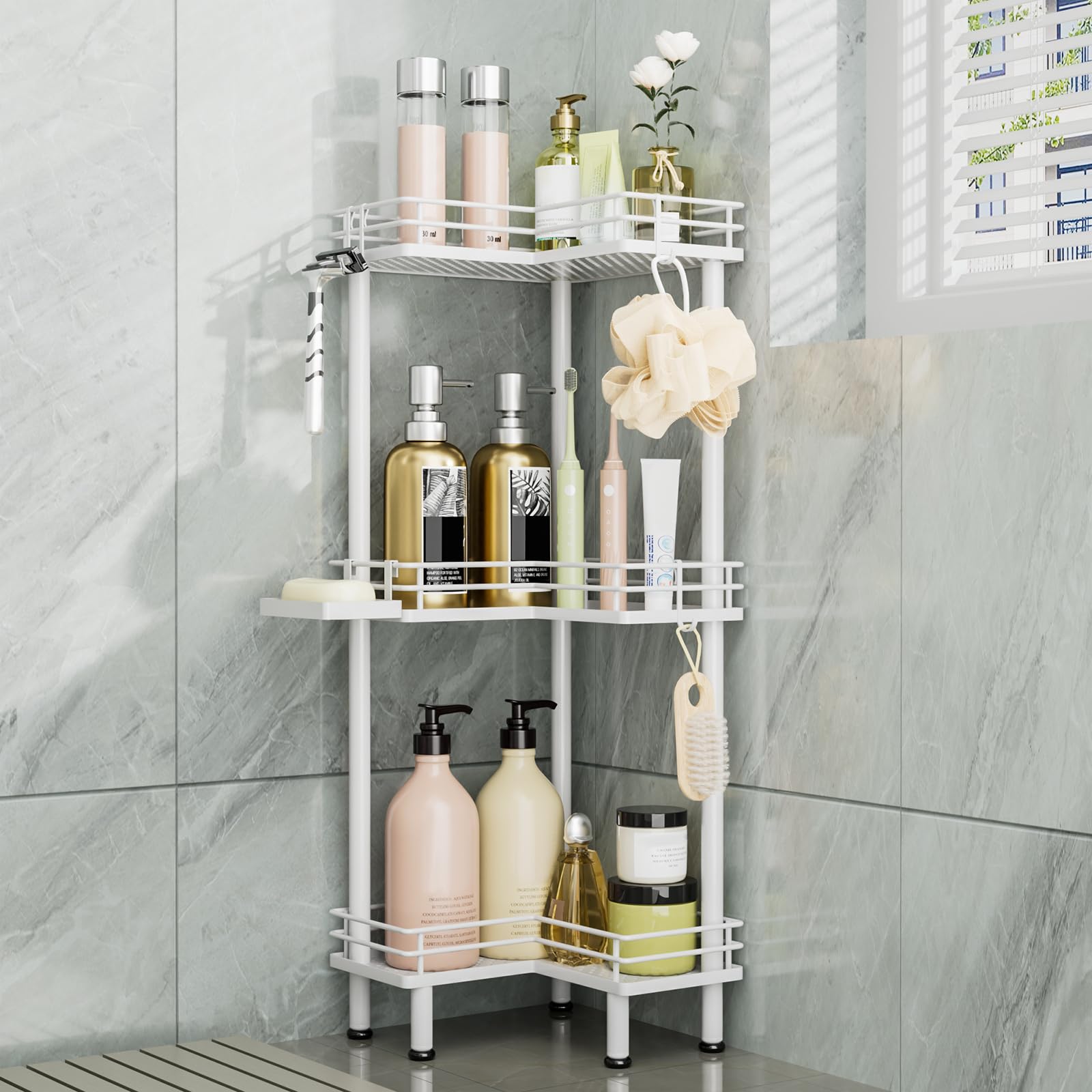 Consumest Corner Shower Caddy Standing - 3-Tier Stainless Steel Shower Organizer with Soap Holder and 4 Hooks, Large Capacity Corner Shelf Stand for Bathroom, Rest Room, Silver