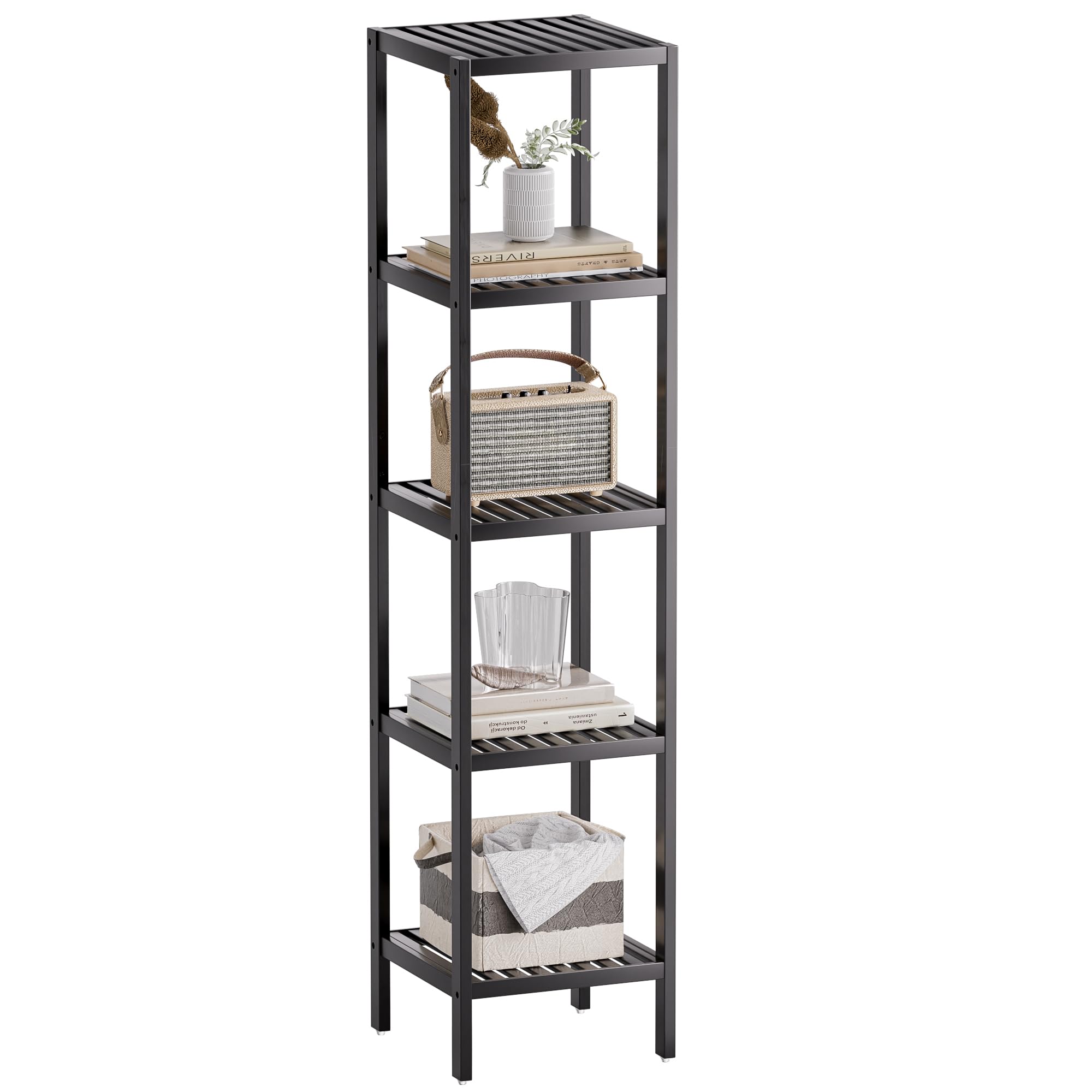 SMIBUY Bathroom Storage Shelf, 5-Tier Bamboo Rack Organizer, Multifunctional Shelving Unit for Living Room Bedroom Kitchen (White)