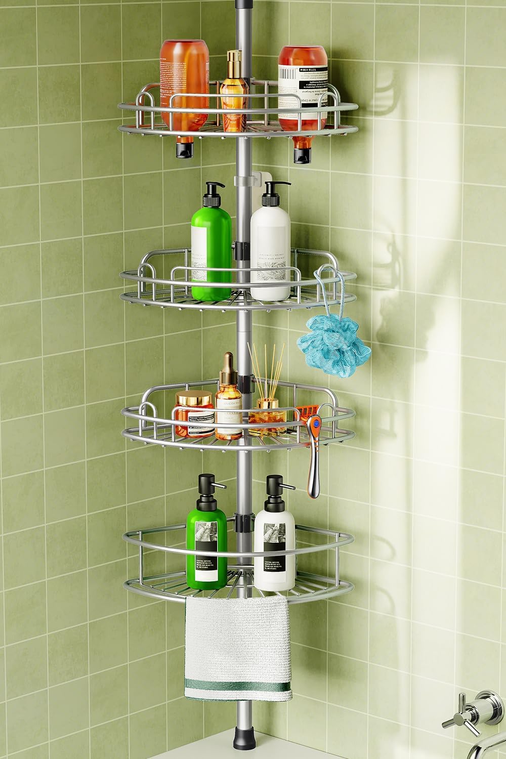 HAMITOR Telescopic Shower Caddy Corner Storage: No-Drill Stainless Steel Bathroom Shelves Organizer, 119-307 cm Large Capacity 4 Tier Adjustable Shelf Tension Pole for Home Renters Apartment - Black