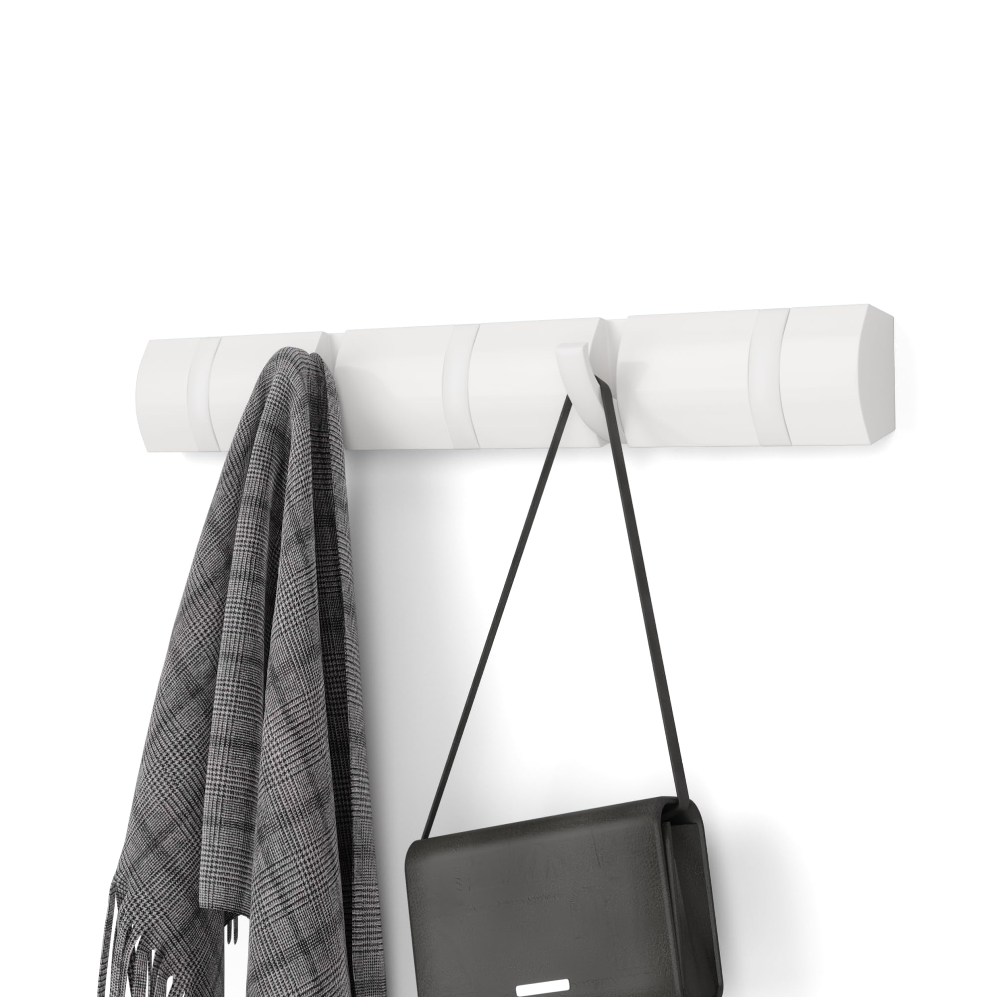 Umbra Flip Wall-Mounted Coat Rack with 5 Hooks – Modern, Space-Saving Storage for Hats, Jackets, Bags, Entryway, Mudroom, Closet, Bathroom, Bedroom – Light Walnut/Gold