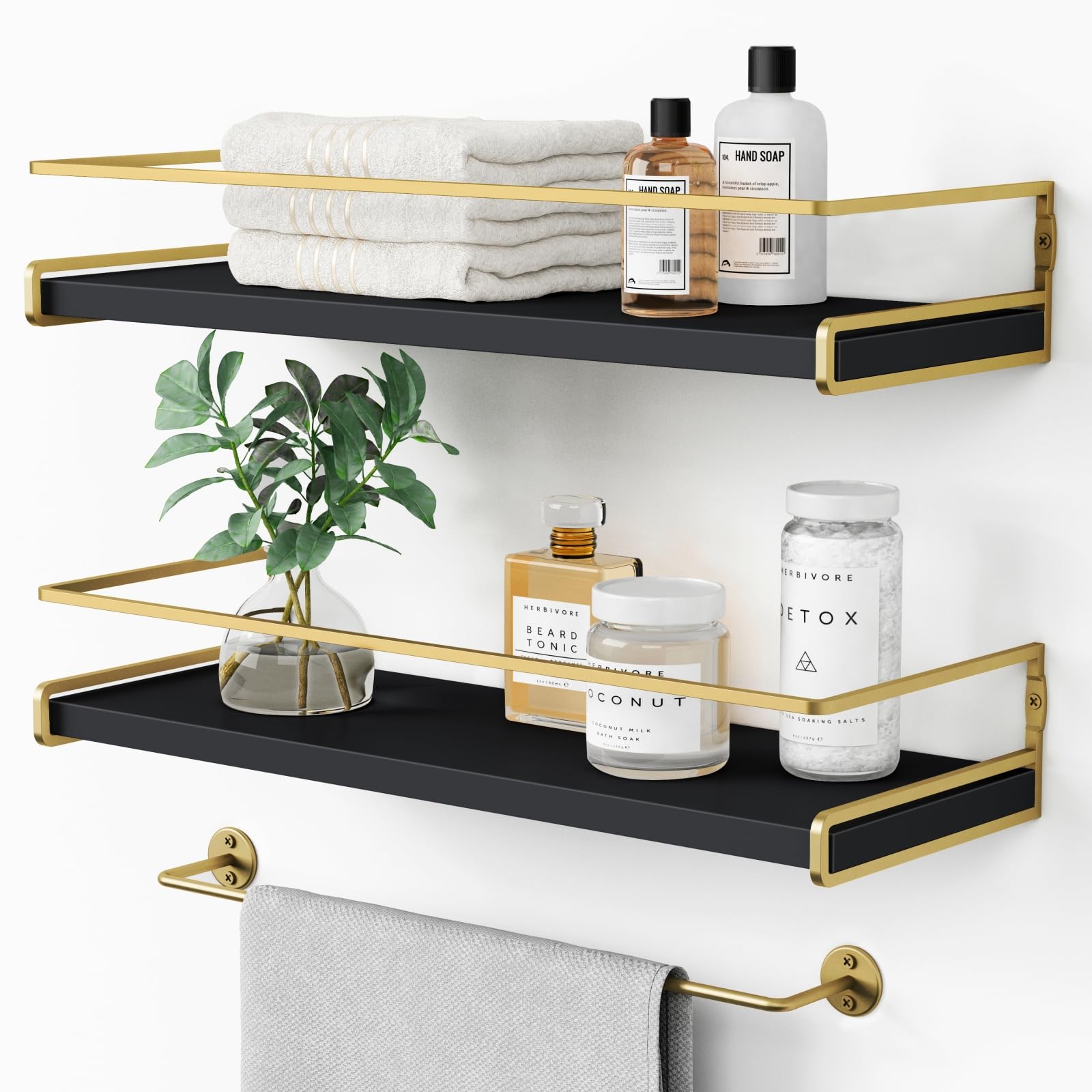 Forbena White Floating Shelves for Bathroom Organizer Over Toilet, Bathroom Shelves Wall Mounted with Towel Rack, Corner Wall Shelf for Bedroom Decor Kitchen Storage (White-Dark Grey, Set of 2)