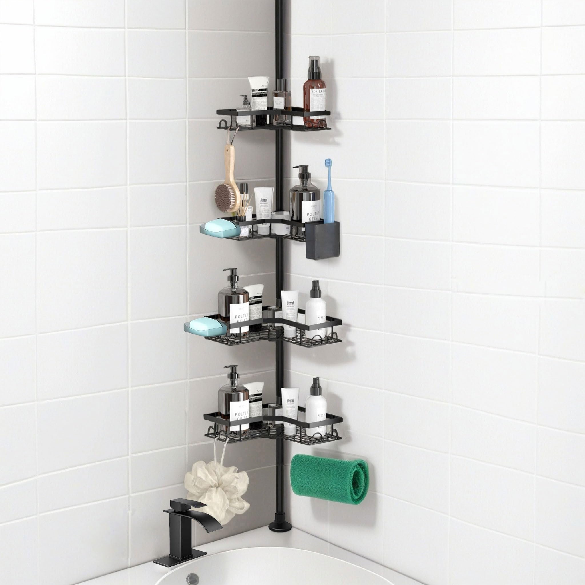 Corner Shower Caddy Tension Pole, Rustproof Bathroom Storage Organizer, 4 Large Shower Shelves and 3 Small Storage Baskets, Adjustable Height Telescoping Pole 43 to 121 Inch, Black