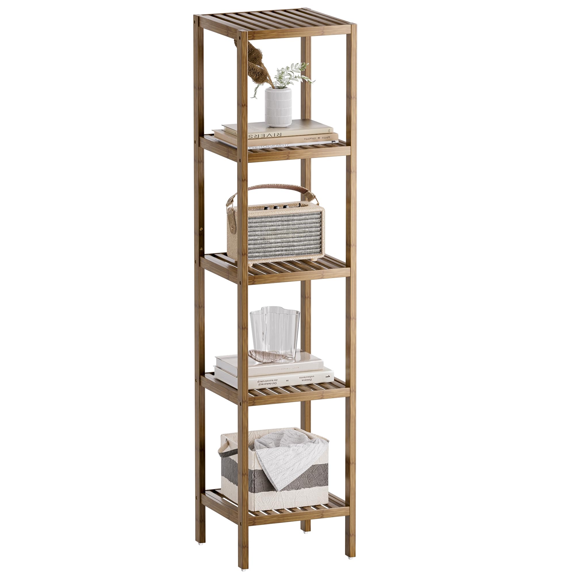 SMIBUY Bathroom Storage Shelf, 5-Tier Bamboo Rack Organizer, Multifunctional Shelving Unit for Living Room Bedroom Kitchen (Natural)