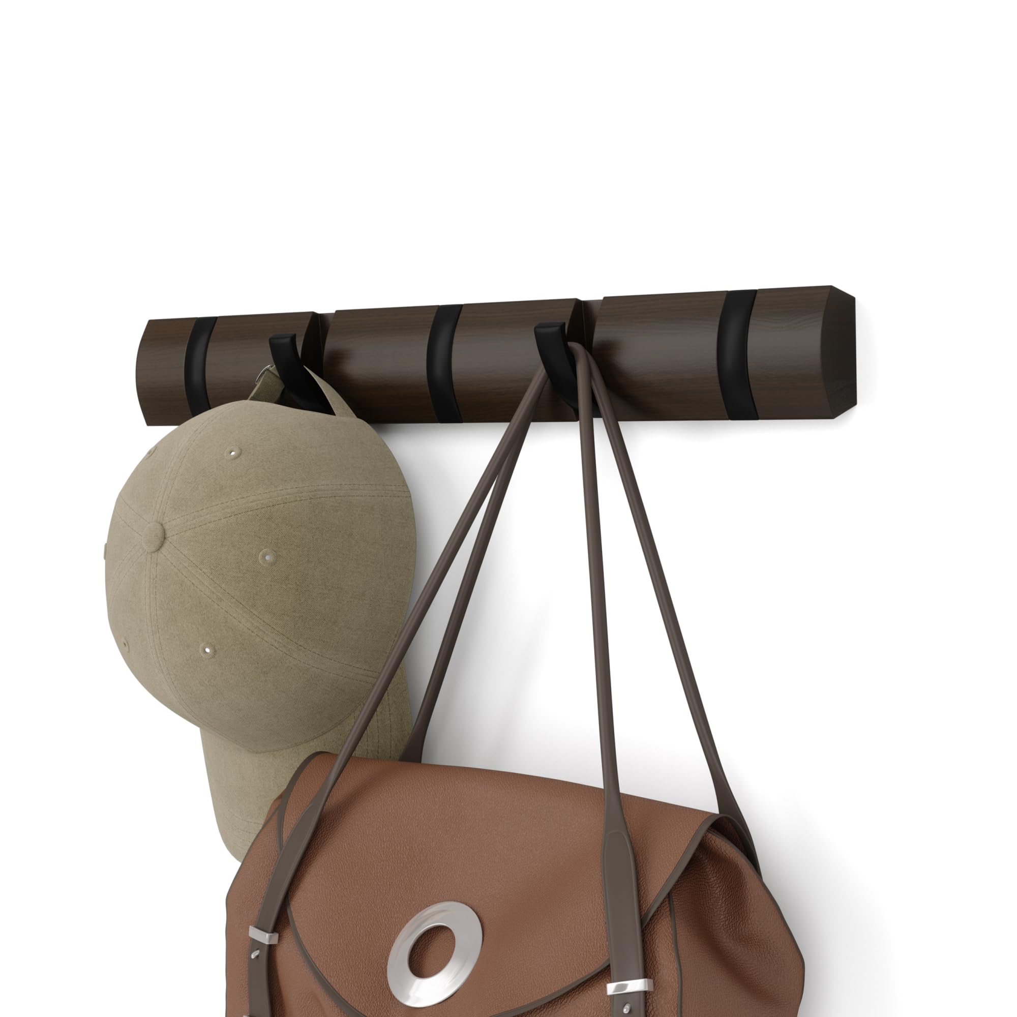 Umbra Flip Wall-Mounted Coat Rack with 5 Hooks – Modern, Space-Saving Storage for Hats, Jackets, Bags, Entryway, Mudroom, Closet, Bathroom, Bedroom – Light Walnut/Gold