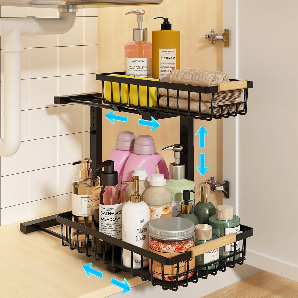 REALINN Under Sink Organizer, 2 Pack Height Adjustable Under Sink Organizers and Storage, 2 Tier Pull Out Drawer Cabinet Storage for Kitchen Bathroom, White