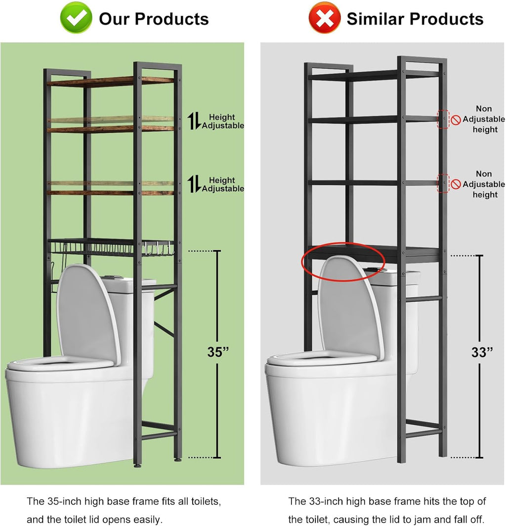 Vintage Brown 4-Tier Over Toilet Storage Rack with Adjustable Shelf & Basket