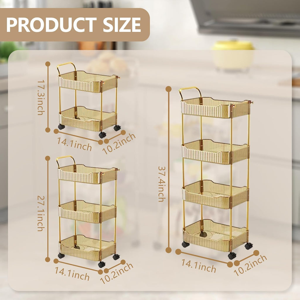 Storage Trolley on Wheels, Acrylic Beauty Trolleys Makeup Organizers Rolling Utility Cart For Bathroom, Salon,Kitchen,Gold,4Tier