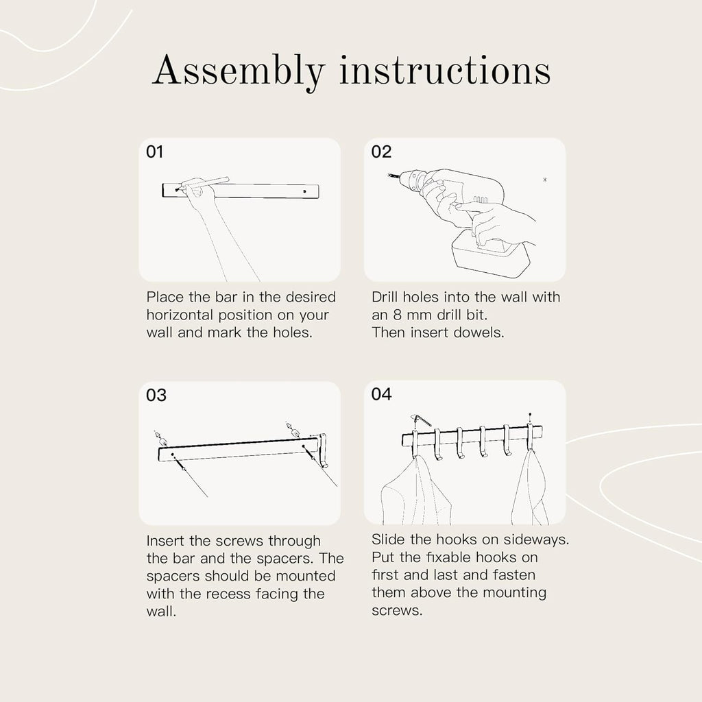 80cm Matt Black Wall Coat Rack, Metal Rail with Slidable Hooks