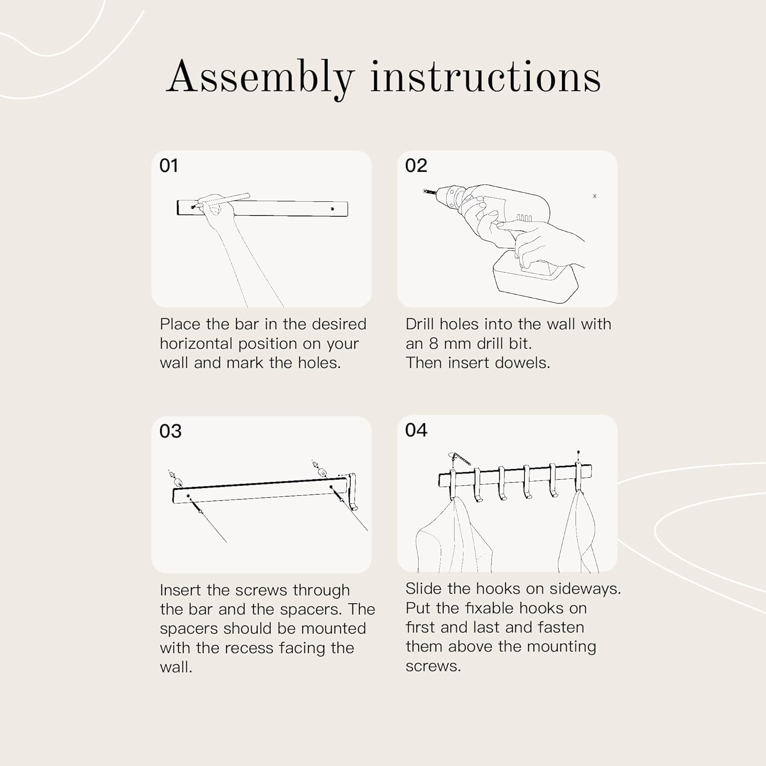 80cm Matt Black Wall Coat Rack, Metal Rail with Slidable Hooks