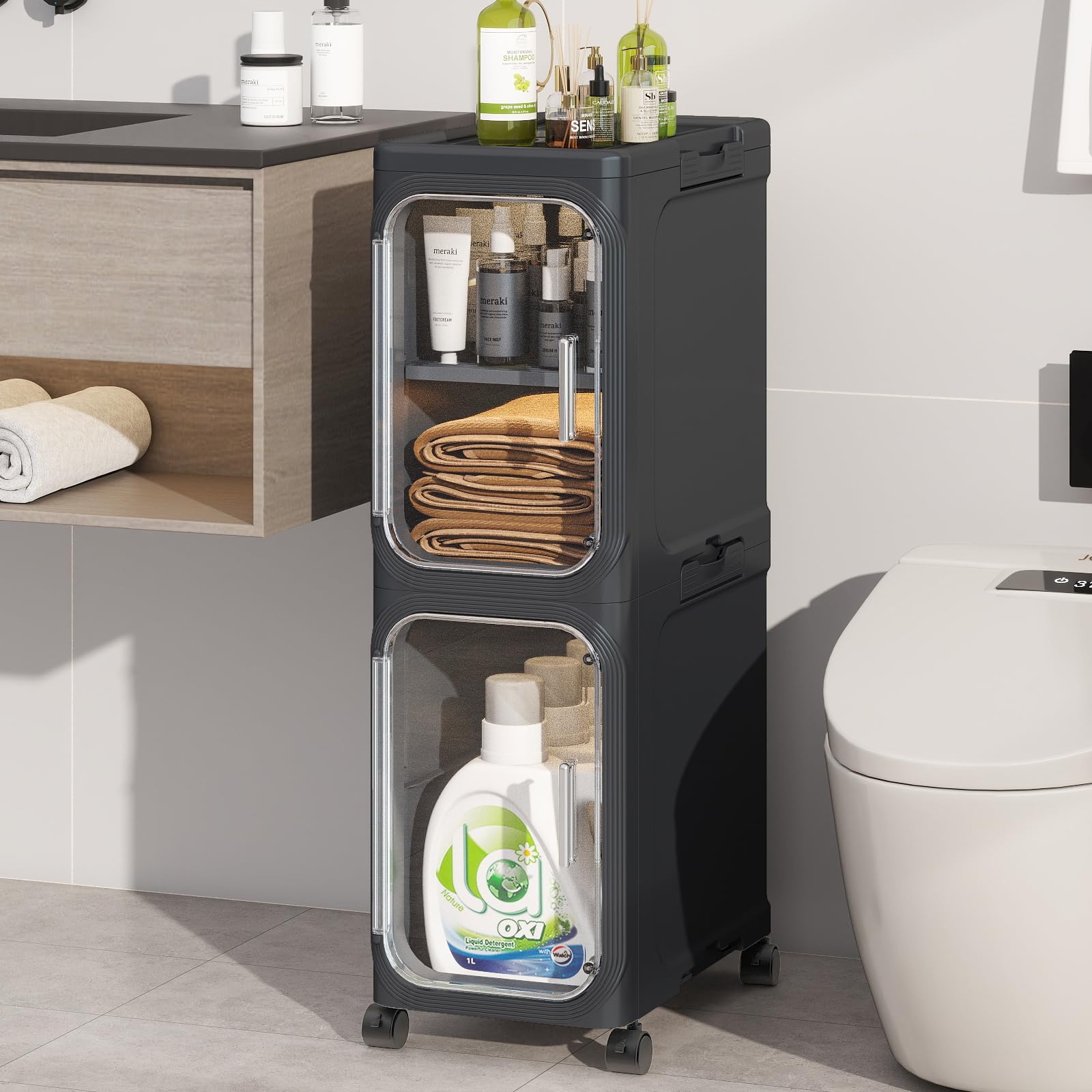 4-Tiers Slim Bathroom Storage Cabinet, Foldable Storage Cabinets,Narrow Bathroom Storage,Movable Bathroom Storage Organizer for Small Spaces,Bathroom,Kitchen,Laundry,White