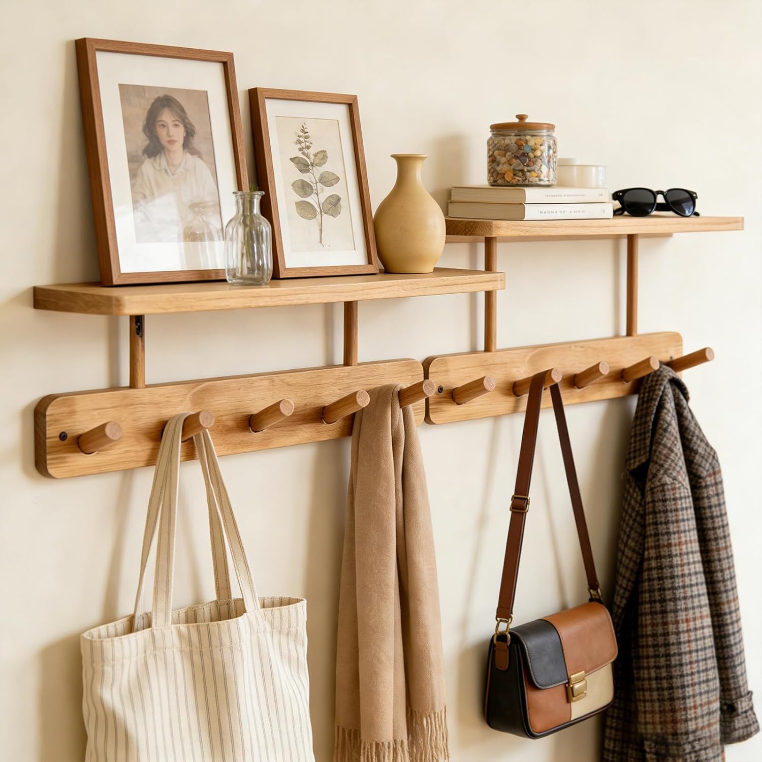 LEMIKKLE Wooden Coat Hooks Wall Mounted, Can be Installed Without Drilling or with Drilling, 5 Wooden Hooks Storage Rack Holds Clothes, Hats, Keys Towels, Bags, for Entryway, Bedroom, Living Room
