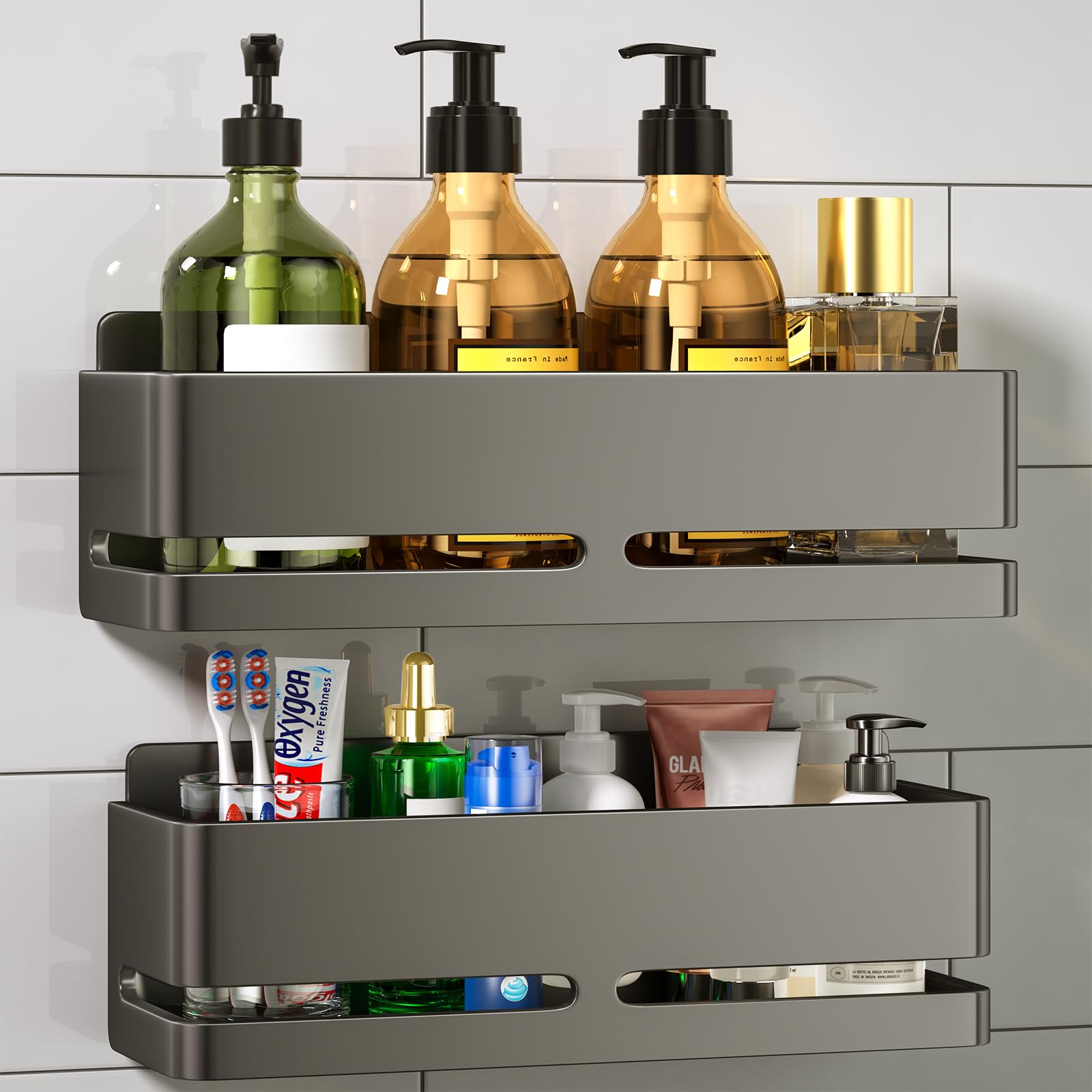 5-Piece Grey No-Drill Wall Mount Bathroom Storage Rack with Soap Dish & Toothbrush Holder, Multi-use for Kitchen