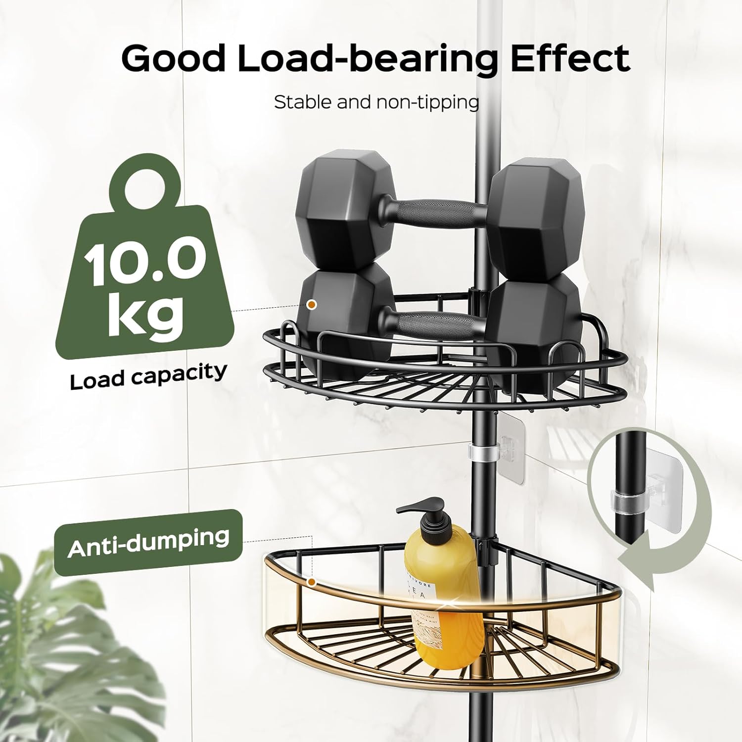 HAMITOR Telescopic Shower Caddy Corner Storage: No-Drill Stainless Steel Bathroom Shelves Organizer, 119-307 cm Large Capacity 4 Tier Adjustable Shelf Tension Pole for Home Renters Apartment - Black