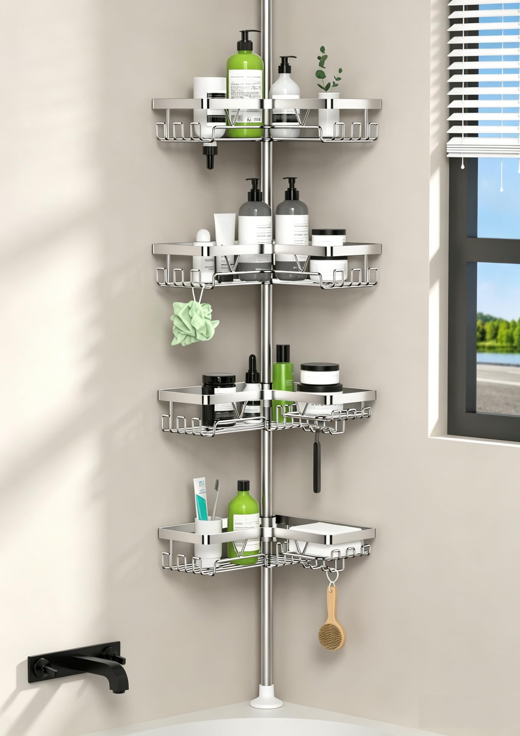 Kegii Telescopic Shower Caddy, 6 Tiers Corner Shower Shelf Adjustable Bathroom Storage Organiser Extendable Corner Bathroom Caddy, Black, No Drilling, Stainless Steel