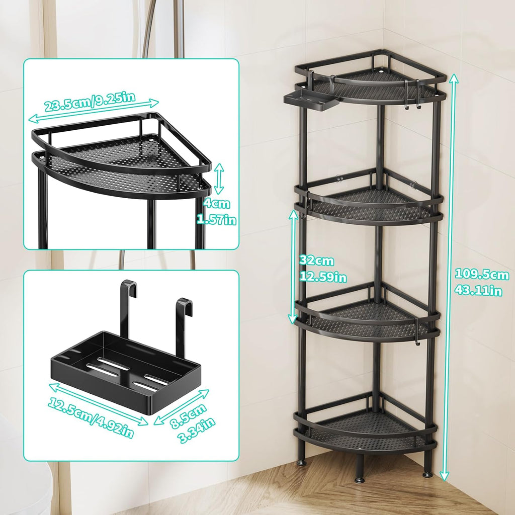 HapiRm Freestanding Shower Caddy Corner- 4-Tier Rustproof Shower Corner Shelves with Soap Tray and 4 Hooks, Space-Saving Bathroom Caddy for Bathroom Organiser with 4 Adjustable Feet and Hook