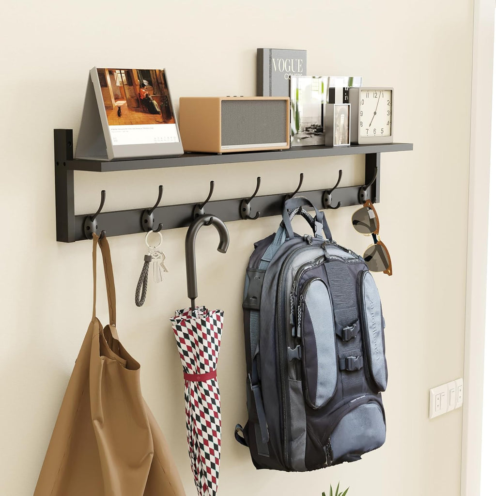 89cm Black Wall Coat Rack with Shelf & 7 Dual Hooks for Entryway Bathroom Bedroom
