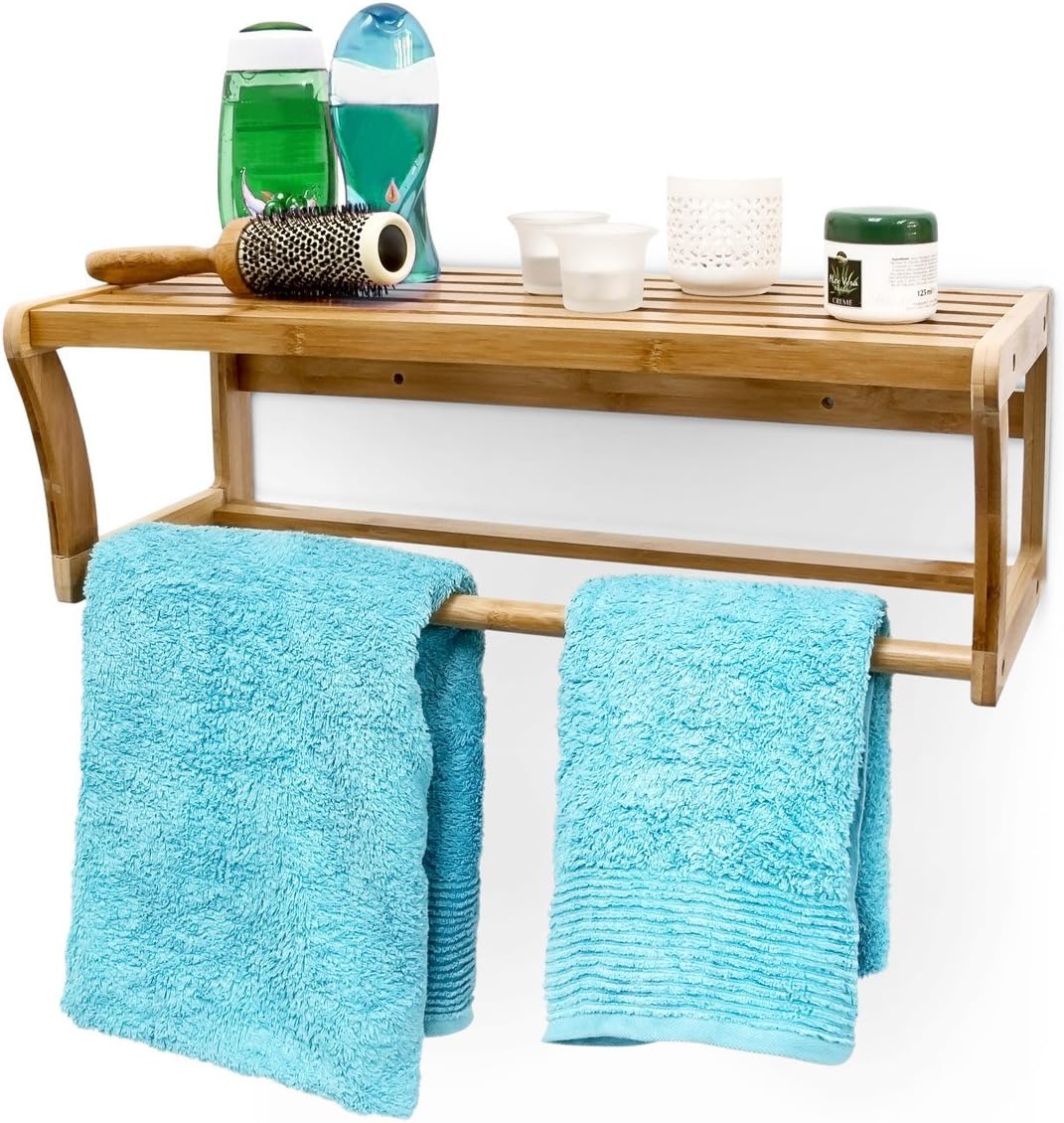 Relaxdays Wall-Mount Bamboo Shelf, 60 X 26 X 20 cm, Bathroom Towel Rack, Natural Brown