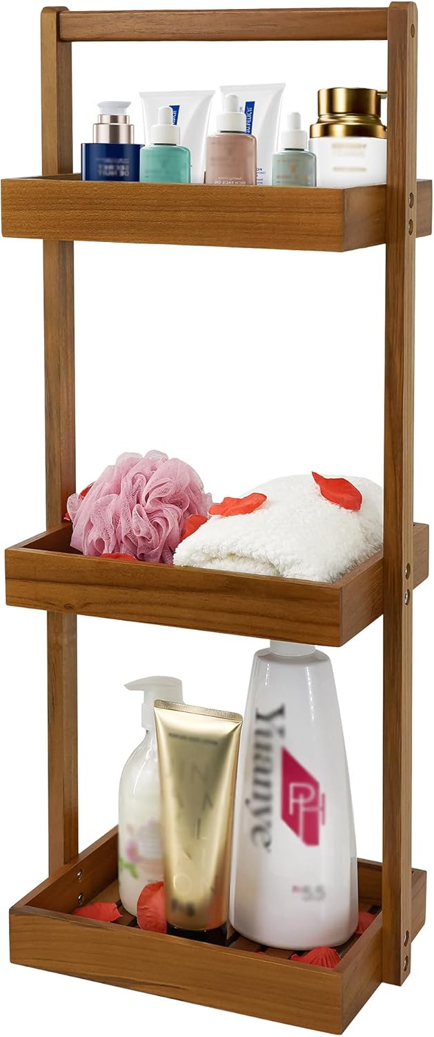 Utoplike Teak Shower Caddy Corner, 3 Tier Standing Organiser Shelf with Handle, Wooden Basket for Shampoo, towel in Bathroom, Livingroom, Office, Kitchen Desktop