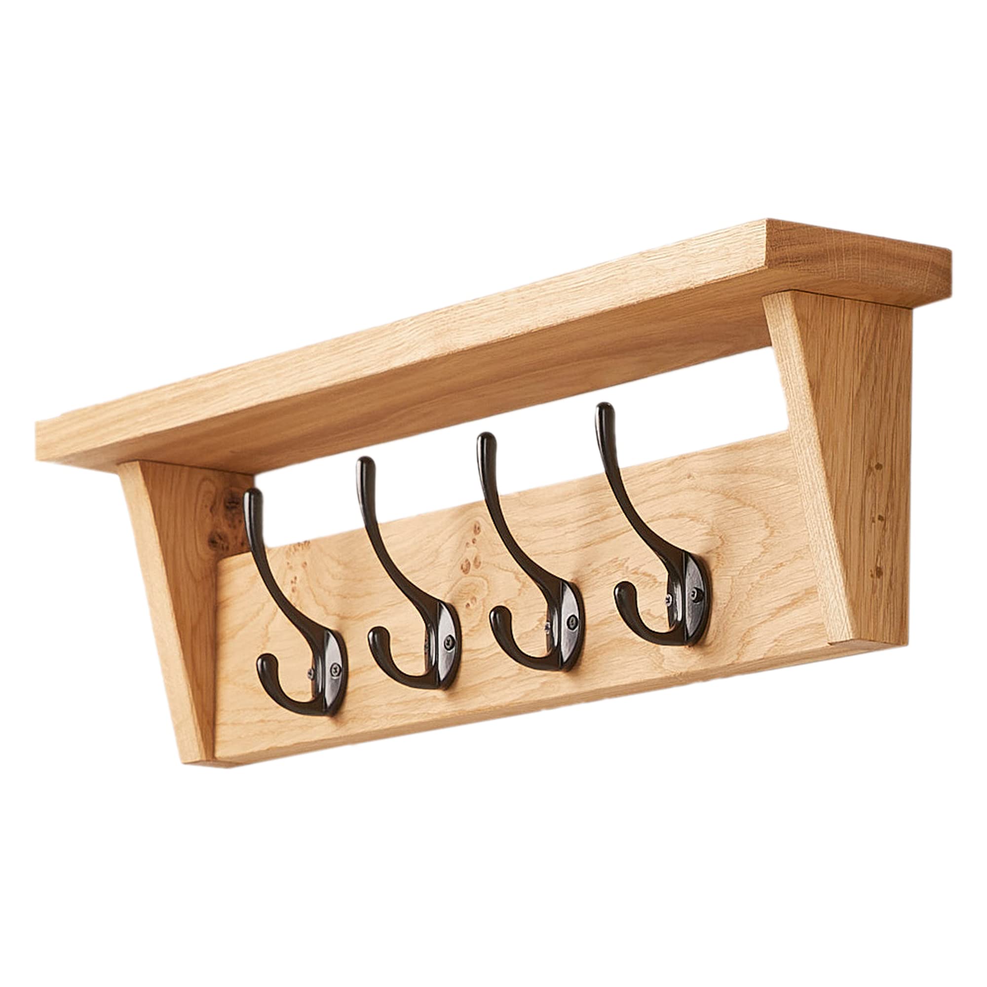 Solid Oak Coat Rack (7 Hooks) | Wall Mounted Coat Hooks with Shelf for Display/Storage | Wooden Stylish & Versatile Hallway Decor | Heavy Duty Double Hooks | Handcrafted in The UK