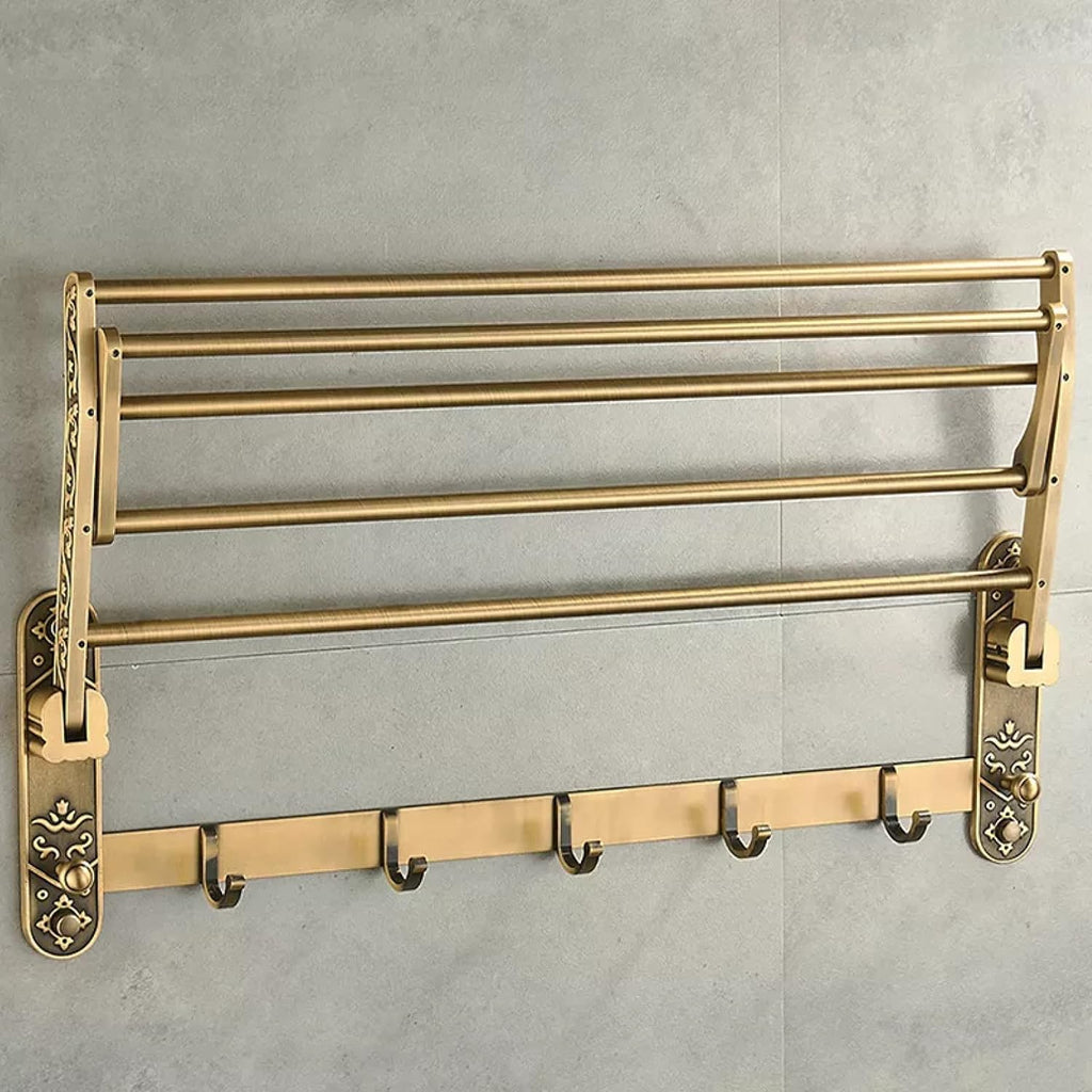 Antique Brass Foldable Double Towel Rack, Nail-Free Wall Mount Towel Shelf with Hooks