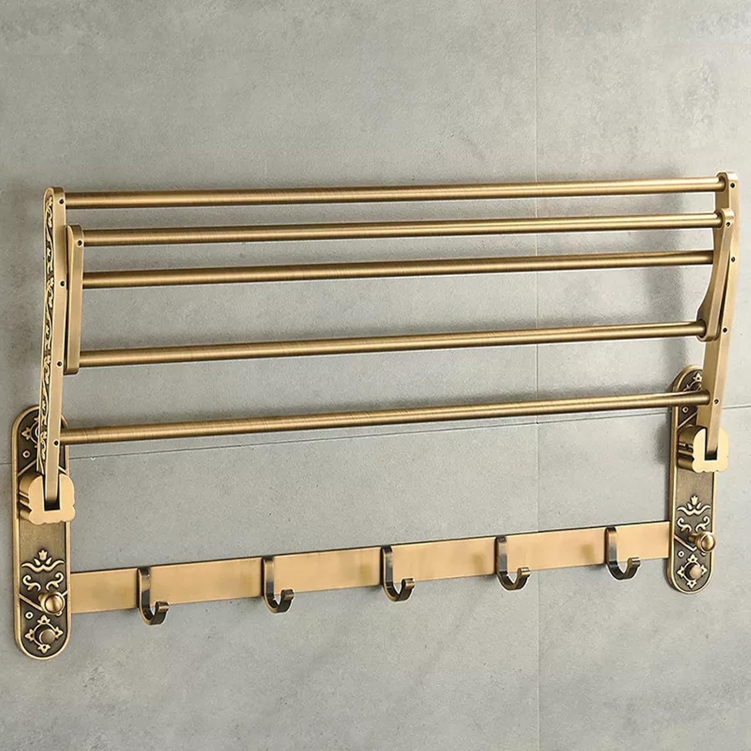 Antique Brass Foldable Double Towel Rack, Nail-Free Wall Mount Towel Shelf with Hooks