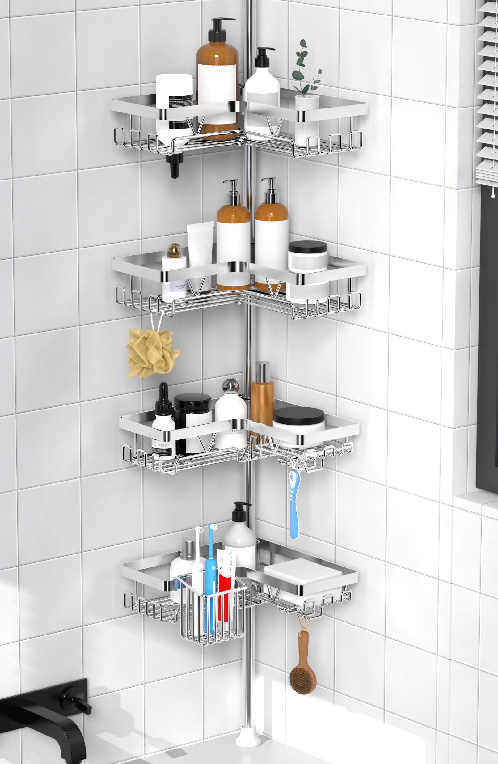 Kegii Telescopic Shower Caddy, 6 Tiers Corner Shower Shelf Adjustable Bathroom Storage Organiser Extendable Corner Bathroom Caddy, Black, No Drilling, Stainless Steel