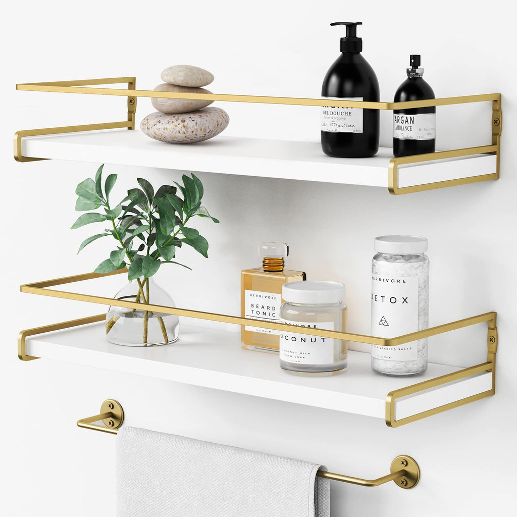 Forbena White Floating Shelves for Bathroom Organizer Over Toilet, Bathroom Shelves Wall Mounted with Towel Rack, Corner Wall Shelf for Bedroom Decor Kitchen Storage (White-Dark Grey, Set of 2)
