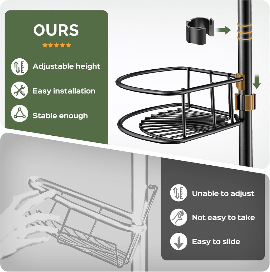 HAMITOR Telescopic Shower Caddy Corner Storage: No-Drill Stainless Steel Bathroom Shelves Organizer, 119-307 cm Large Capacity 4 Tier Adjustable Shelf Tension Pole for Home Renters Apartment - Black