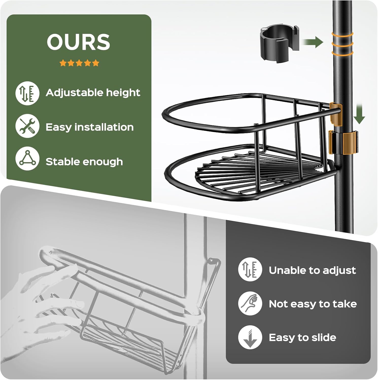 HAMITOR Telescopic Shower Caddy Corner Storage: No-Drill Stainless Steel Bathroom Shelves Organizer, 119-307 cm Large Capacity 4 Tier Adjustable Shelf Tension Pole for Home Renters Apartment - Black