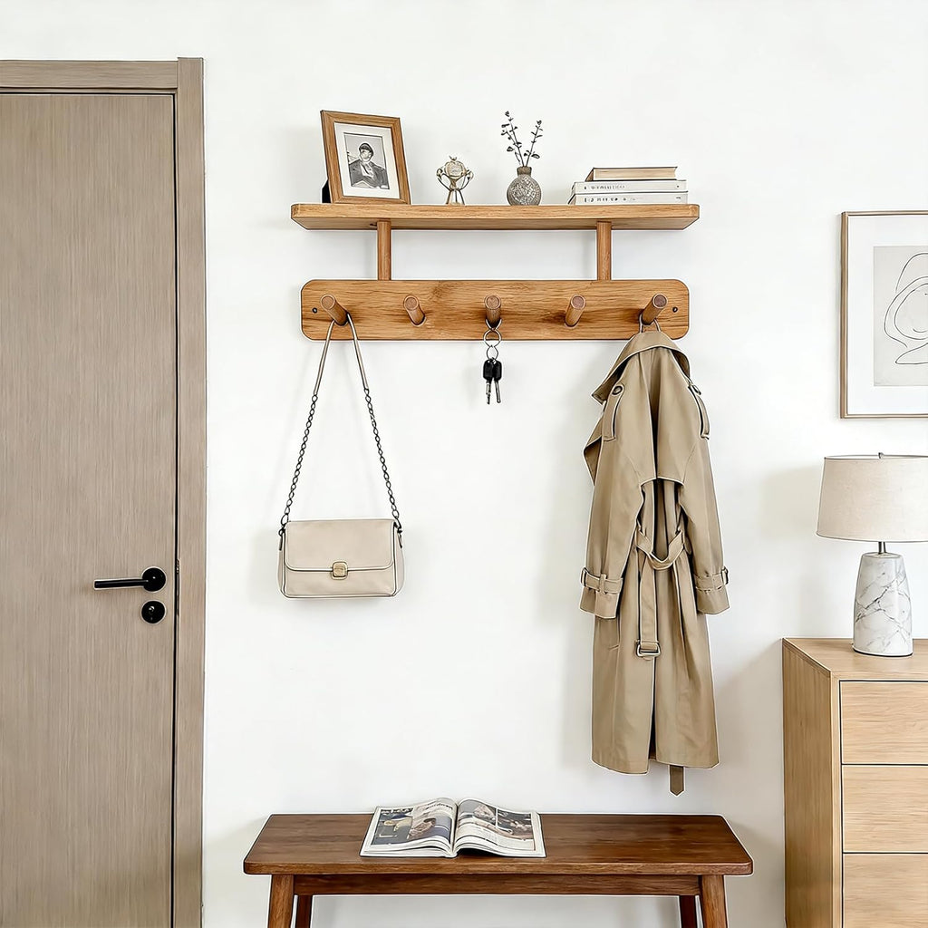 LEMIKKLE Wooden Coat Hooks Wall Mounted, Can be Installed Without Drilling or with Drilling, 5 Wooden Hooks Storage Rack Holds Clothes, Hats, Keys Towels, Bags, for Entryway, Bedroom, Living Room