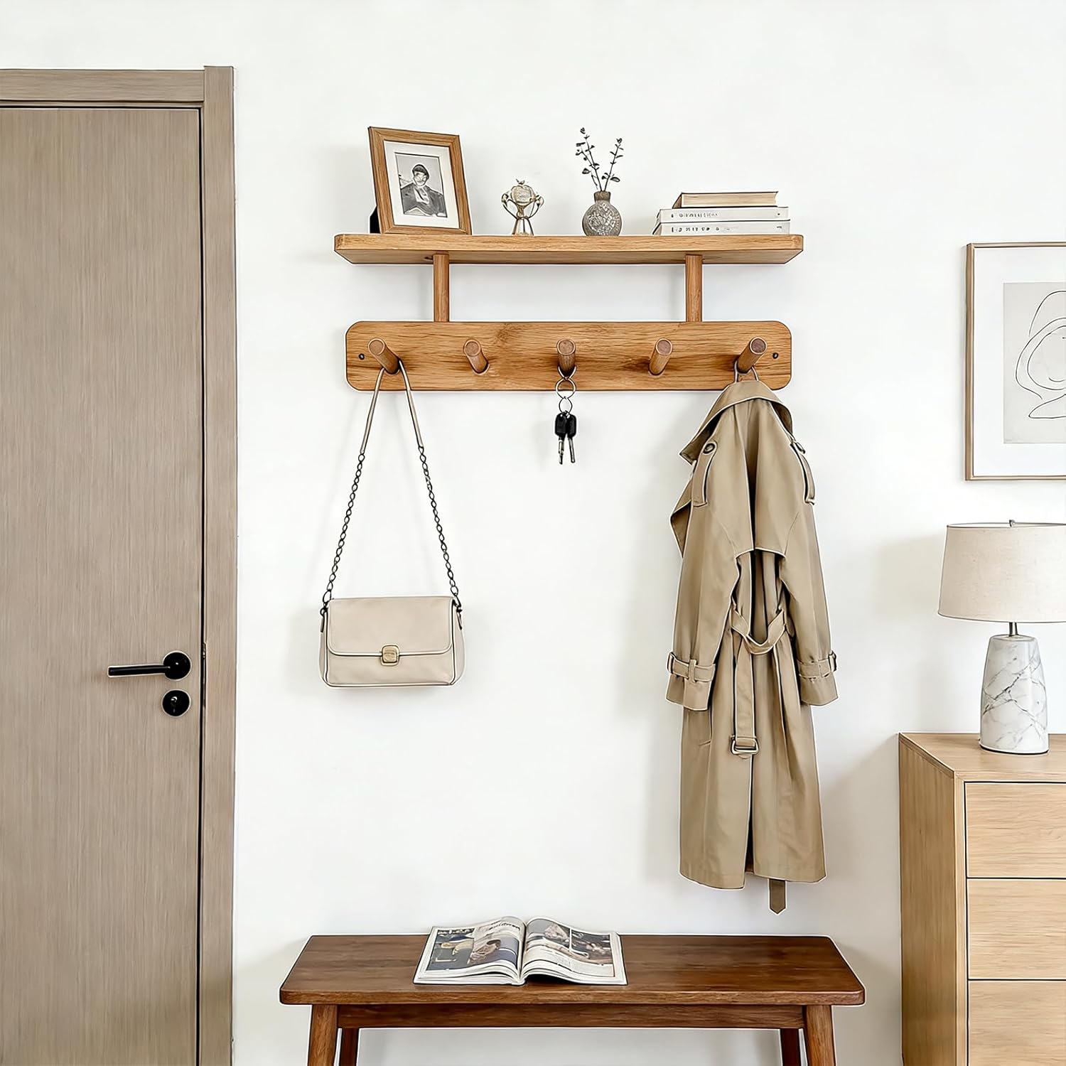 LEMIKKLE Wooden Coat Hooks Wall Mounted, Can be Installed Without Drilling or with Drilling, 5 Wooden Hooks Storage Rack Holds Clothes, Hats, Keys Towels, Bags, for Entryway, Bedroom, Living Room