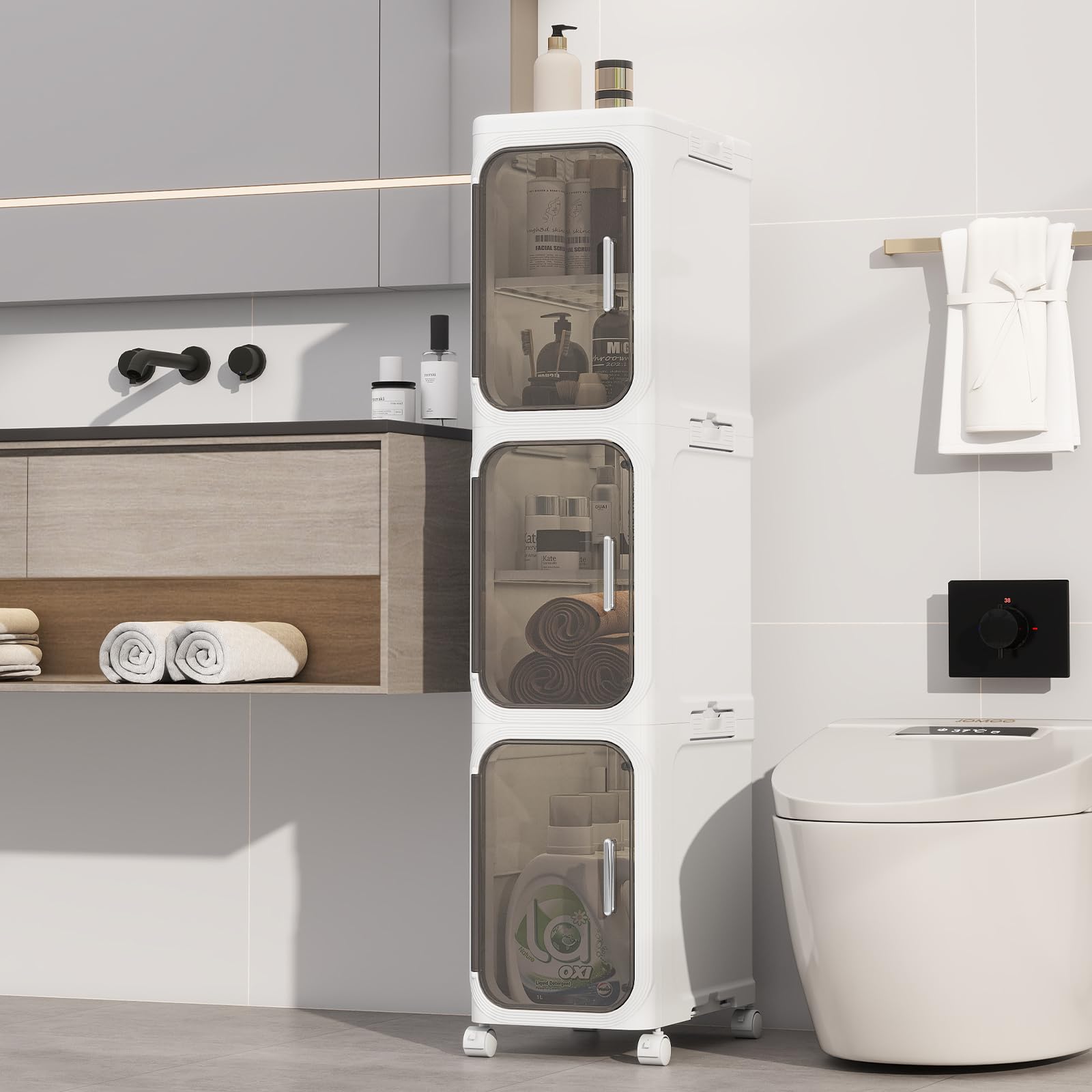 4-Tiers Slim Bathroom Storage Cabinet, Foldable Storage Cabinets,Narrow Bathroom Storage,Movable Bathroom Storage Organizer for Small Spaces,Bathroom,Kitchen,Laundry,White