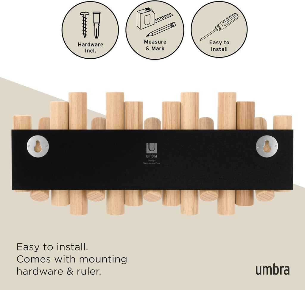 Umbra Picket Coat Rack Wall Mount – 5 Flip-Down Wood Coat Hooks, Modern & Functional Storage, Easy Install Wall Hooks, Natural